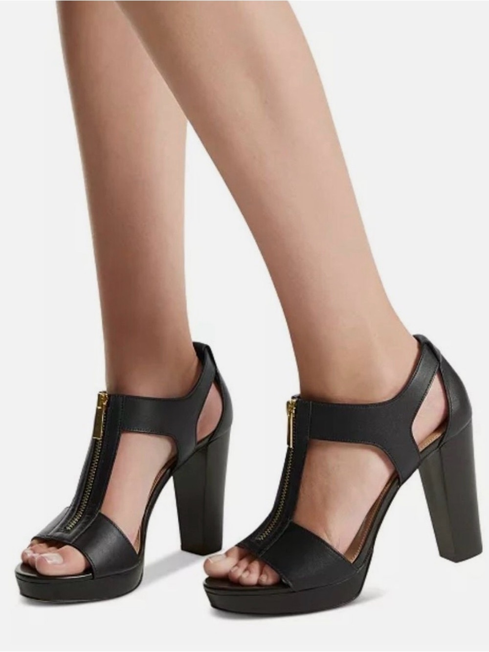MICHAEL Michael Kors 🖤BERKLEY🖤 BLACK LEATHER T-STRAP ZIP PLATFLORM SIZE 8.5M - Picture 3 of 17
